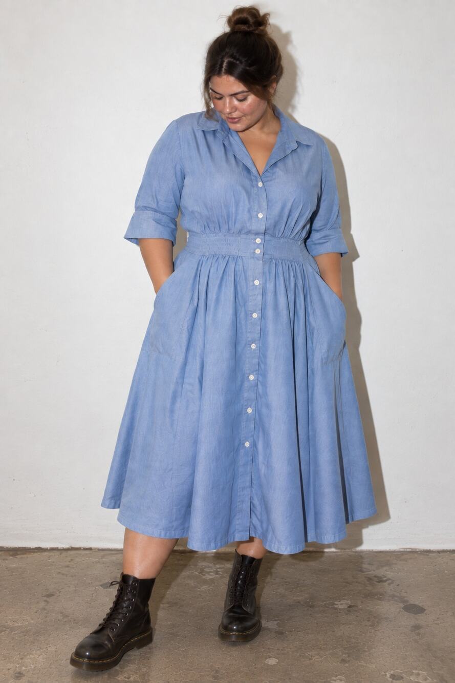 Vintage 60s SERBIN Blue Chambray Shirtwaist Dress XL Full Skirt Cottagecore